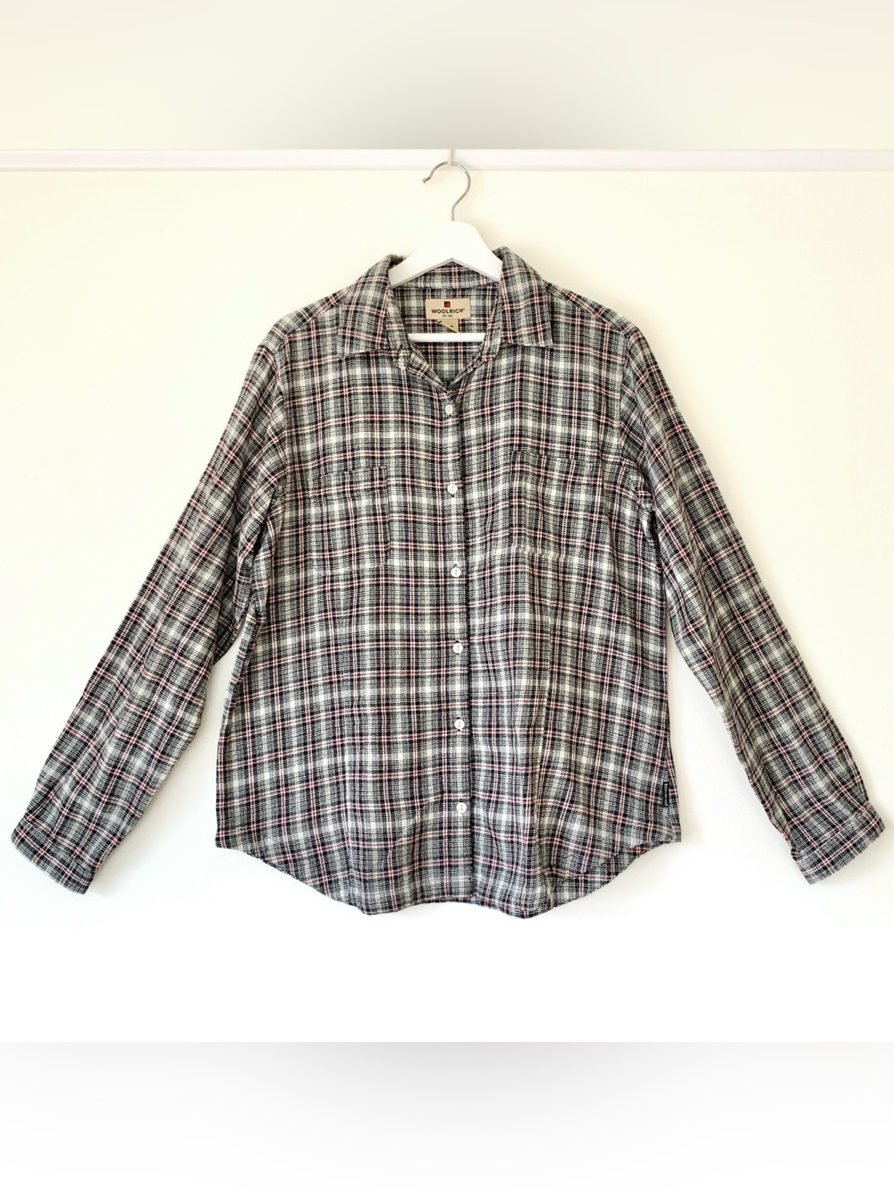 Vintage Woolrich black cream red plaid flannel long sleeve shirt